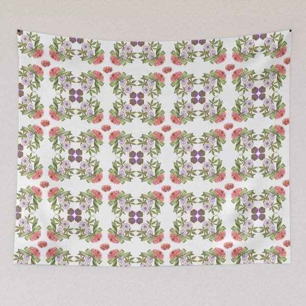 Item preview, Hand drawn print. Seamless delicate watercolor botanical pattern with pink peonies, passion fruit flowers and green bows on a white background designed and sold by Grin Katalina Floral Patterns & Cozy Art.