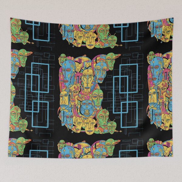 Item preview, Faces stuck together, lined up like a wall, with a black barrier and blue rectangles between them. designed and sold by jotcar.