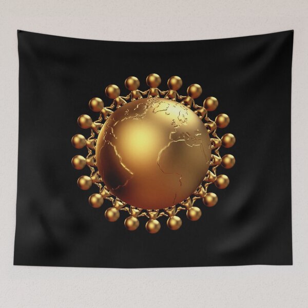 Item preview, cute golden human characters holding hands around Earth designed and sold by DottedYeti.