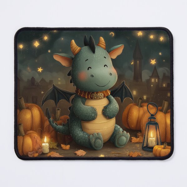 Item preview, Cute Baby Dragon with Pumpkins and Lantern – Cozy Halloween Night Illustration designed and sold by Drakane Creations.