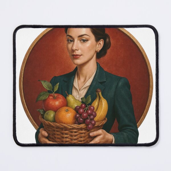 Item preview, Woman in Formal Attire Holding a Fruit Basket with Red Background designed and sold by Creative88Art.