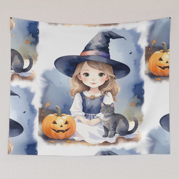 Item preview, Halloween witch, little girl with cat and pumpkin dark blonde designed and sold by LiskoDesign.