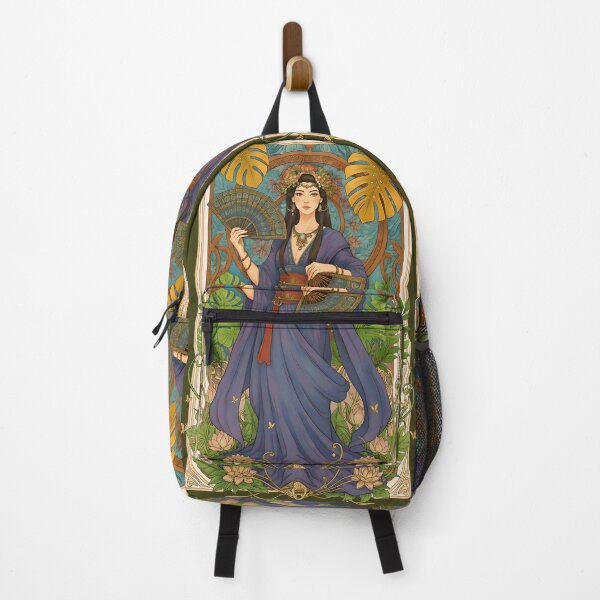 Item preview, Elegant Woman with Fans in Flowing Gown Art Nouveau Asian Inspired Illustration Botanical Fantasy Decorative Artwork designed and sold by Simplystik.