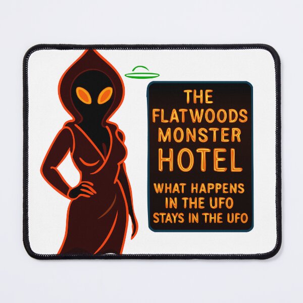 Item preview, Flatwoods Monster Hotel – Neon UFO Cryptid Sign designed and sold by Folk Bestiary.