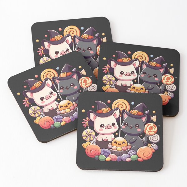 Item preview, Candy Party Duo – Cute Chibi Pig and Black Cat Kawaii Halloween Design designed and sold by ColorSplash123.
