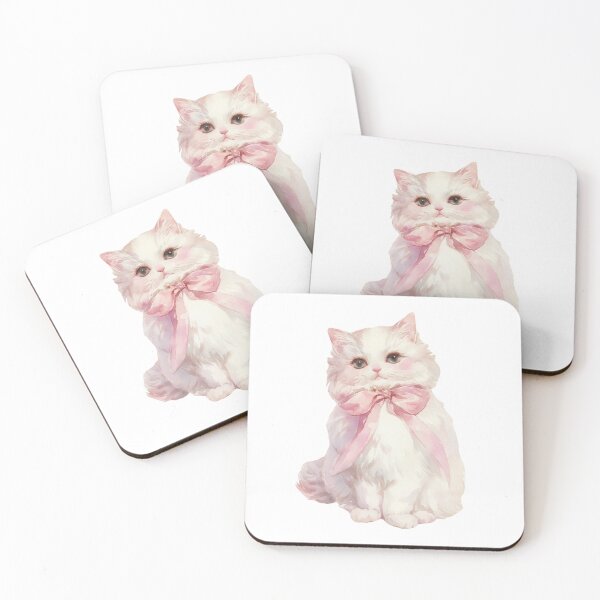 Item preview, fluffy white cat wearing pink bow designed and sold by viviofthevalley.
