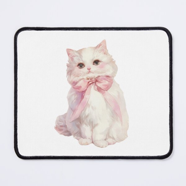 Item preview, fluffy white cat wearing pink bow designed and sold by viviofthevalley.