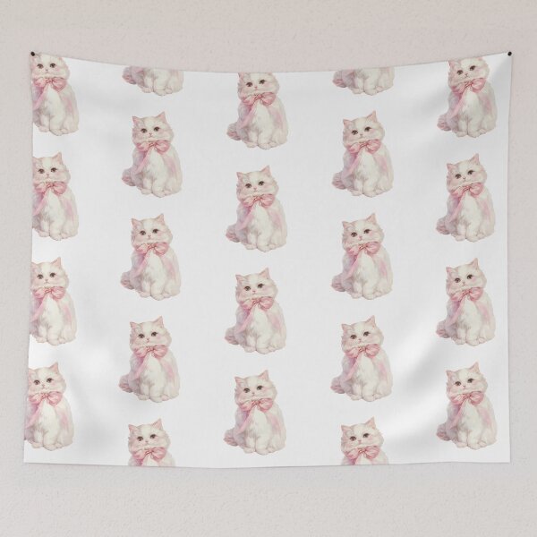 Item preview, fluffy white cat wearing pink bow designed and sold by viviofthevalley.