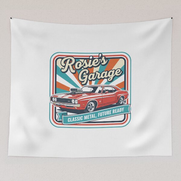 Item preview, Rosie's Garage - Classic Metal, Future Ready - Vintage Car Art designed and sold by RedDelaney.