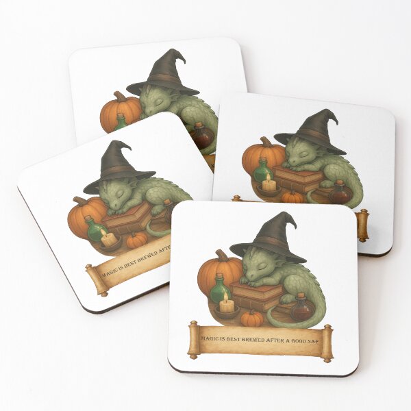 Item preview, Cute Baby Dragon with Witch Hat and Scroll Quote – Magic is Best Brewed After a Good Nap designed and sold by Hatchling Hollow.