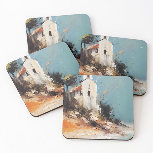 Item preview, Vintage Church Painting, Church on the Hill, Vintage Island Painting, Coastal Landscape Art, Religious Art, Vintage Village Art Print designed and sold by SavageVision.
