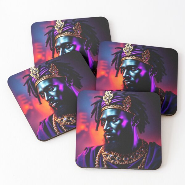 Item preview, Mansa Musa Wealthiest King to Ever Live - Black King Portrait with Dreadlocks, Gold Crown, Jewelry, Neon Purple & Orange Lighting, Hyper-Realistic Fantasy Art designed and sold by LoomylooDesigns.