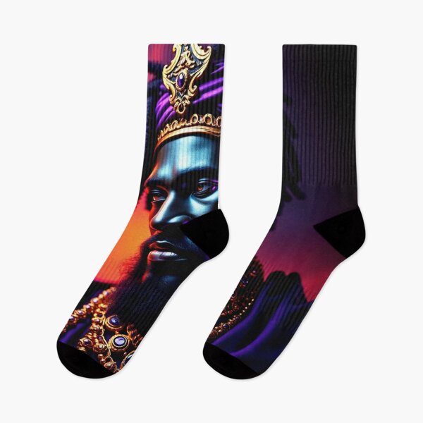Item preview, Mansa Musa Wealthiest King to Ever Live - Black King Portrait with Dreadlocks, Gold Crown, Jewelry, Neon Purple & Orange Lighting, Hyper-Realistic Fantasy Art designed and sold by LoomylooDesigns.