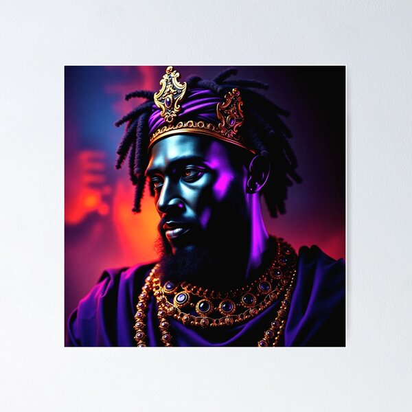 Item preview, Mansa Musa Wealthiest King to Ever Live - Black King Portrait with Dreadlocks, Gold Crown, Jewelry, Neon Purple & Orange Lighting, Hyper-Realistic Fantasy Art designed and sold by LoomylooDesigns.