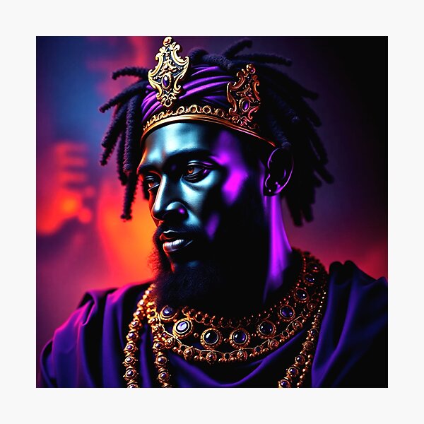 Item preview, Mansa Musa Wealthiest King to Ever Live - Black King Portrait with Dreadlocks, Gold Crown, Jewelry, Neon Purple & Orange Lighting, Hyper-Realistic Fantasy Art designed and sold by LoomylooDesigns.