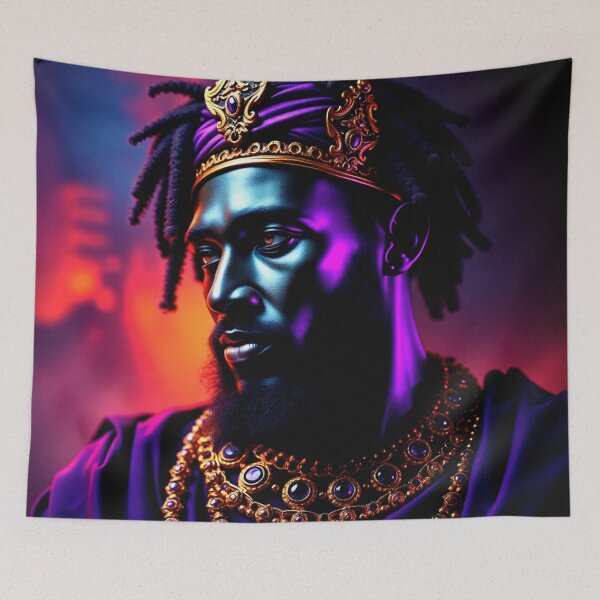 Item preview, Mansa Musa Wealthiest King to Ever Live - Black King Portrait with Dreadlocks, Gold Crown, Jewelry, Neon Purple & Orange Lighting, Hyper-Realistic Fantasy Art designed and sold by LoomylooDesigns.