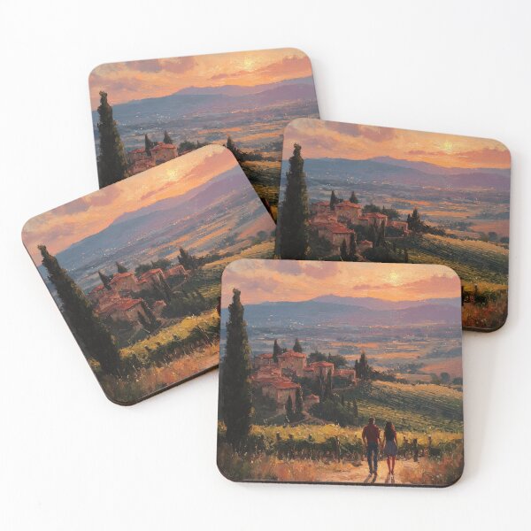 Item preview, Tuscany Sunset Vineyard Painting – Romantic Countryside Wall Art designed and sold by ArgentoArt.