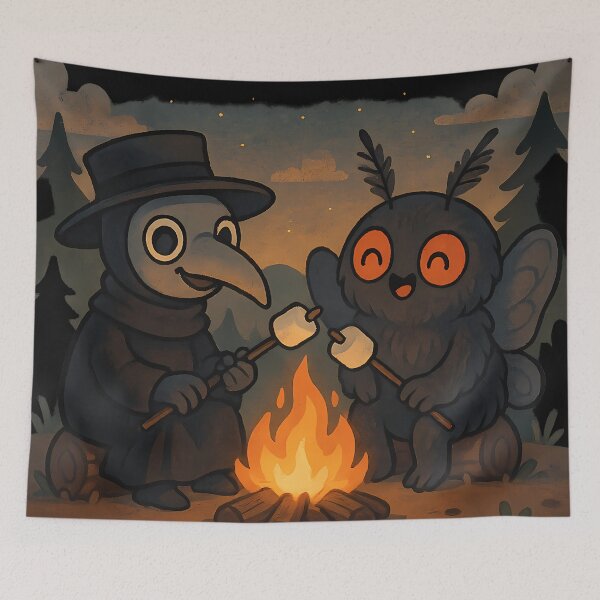 Item preview, Cute Plague Doctor & Mothman Roasting Marshmallows by the Campfire designed and sold by designsbyhw.