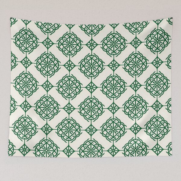 Item preview, Elegant Celtic Knot Design Seamless Pattern Tapestry - Green Celtic Knots on Cream Background designed and sold by FestivityFinds.