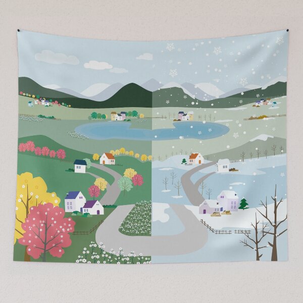 Item preview, Seasons Landscape – Spring Blossoms and Winter Snow Village designed and sold by PAWIRADA.