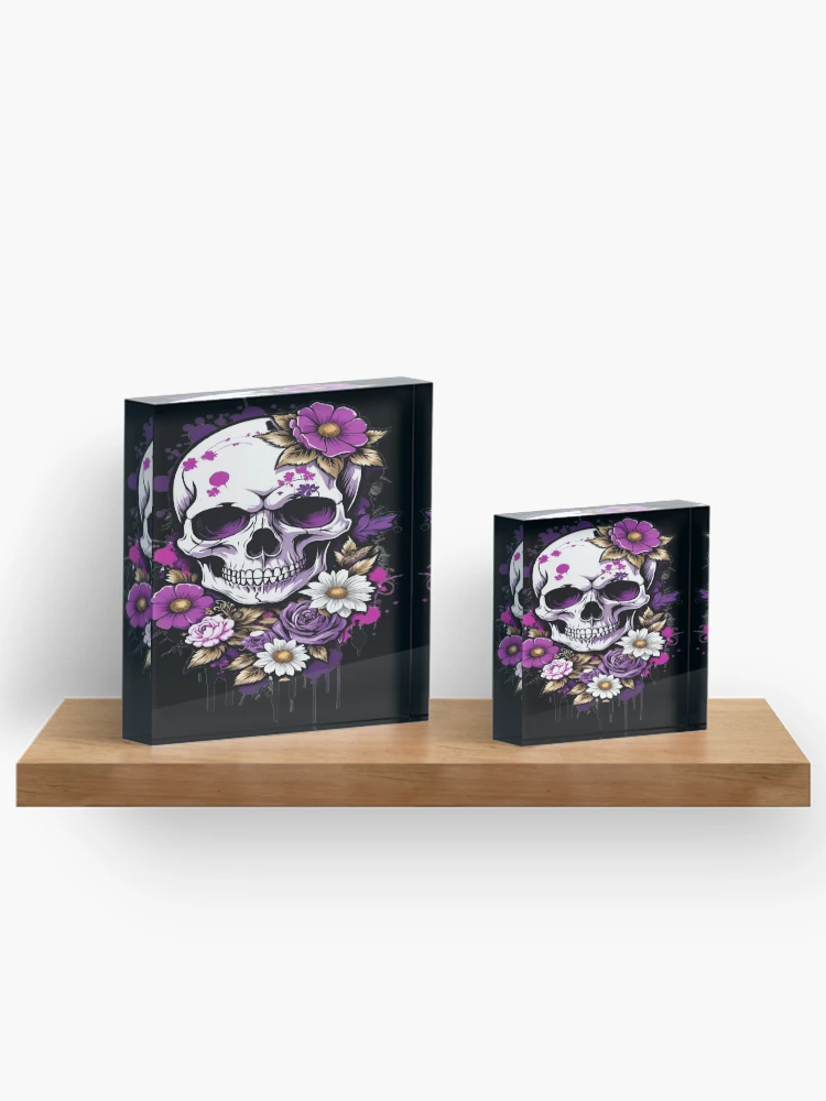 Thumbnail 3 of 5, Acrylic Block, Gothic Skull with Roses and Flowers designed and sold by BrodieBouges.