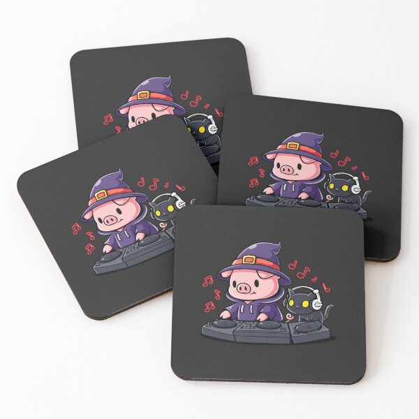 Item preview, DJ Chibi Pig and Black Cat – Cute Kawaii Halloween Music Design designed and sold by ColorSplash123.