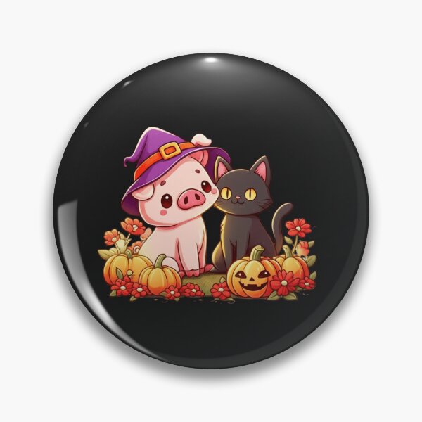 Item preview, Cute Chibi Pig and Black Cat with Pumpkins and Flowers – Funny Kawaii Halloween Design designed and sold by ColorSplash123.