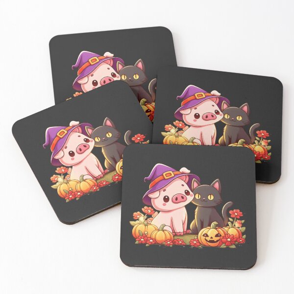 Item preview, Cute Chibi Pig and Black Cat with Pumpkins and Flowers – Funny Kawaii Halloween Design designed and sold by ColorSplash123.