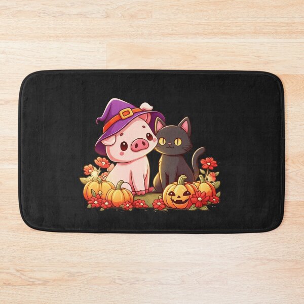 Item preview, Cute Chibi Pig and Black Cat with Pumpkins and Flowers – Funny Kawaii Halloween Design designed and sold by ColorSplash123.