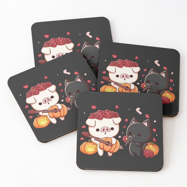 Item preview, Chibi Pig and Black Cat Halloween Rose Band – Cute Kawaii Pumpkin Guitar Design designed and sold by ColorSplash123.