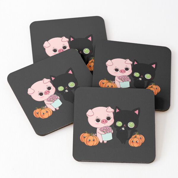 Item preview, Cute Chibi Pig and Black Cat Halloween Candy and Flowers – Kawaii Pumpkin Design designed and sold by ColorSplash123.