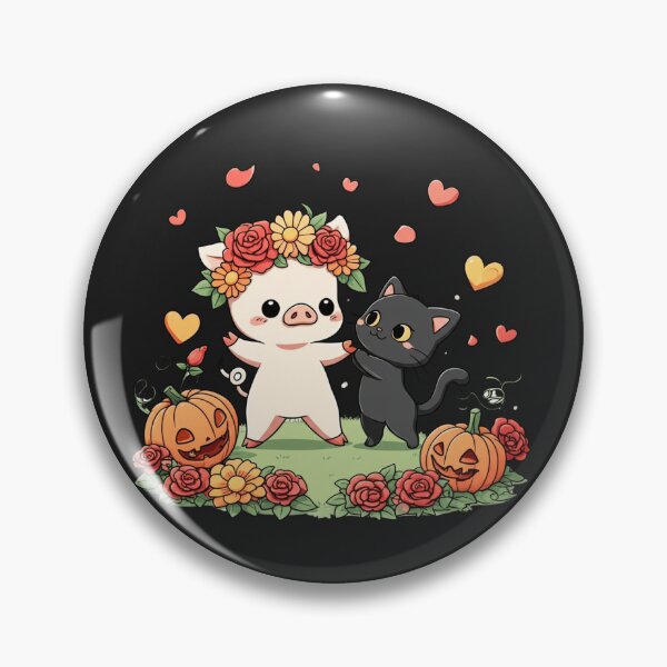 Item preview, Chibi Pig and Black Cat Dancing in Flowers – Cute Kawaii Halloween Pumpkins and Roses Design designed and sold by ColorSplash123.
