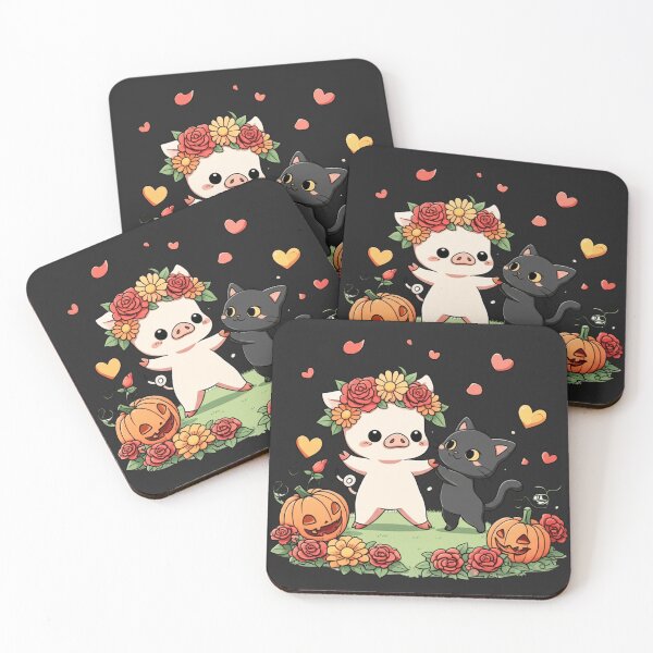 Item preview, Chibi Pig and Black Cat Dancing in Flowers – Cute Kawaii Halloween Pumpkins and Roses Design designed and sold by ColorSplash123.