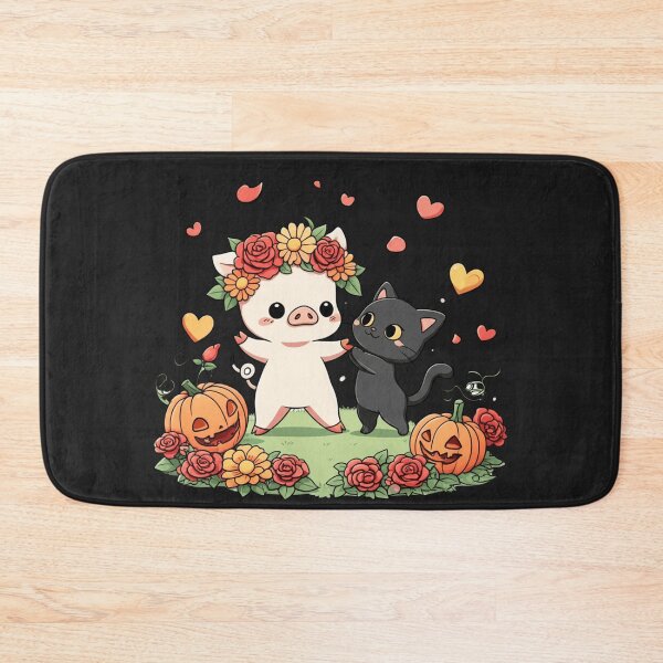 Item preview, Chibi Pig and Black Cat Dancing in Flowers – Cute Kawaii Halloween Pumpkins and Roses Design designed and sold by ColorSplash123.