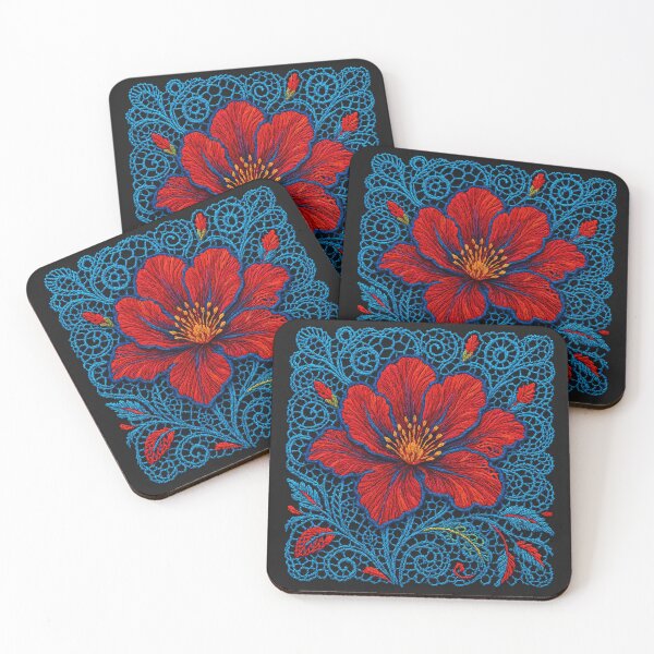 Item preview, Red Flower | Blue Lace Embroidery designed and sold by Le Pédagogue.