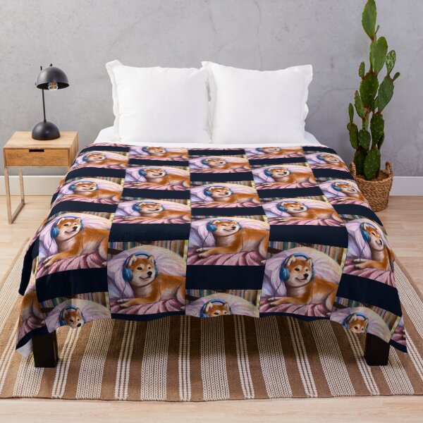 Item preview, Adorable Shiba Inu laying in his bed listening to music, funny oil painting Premium designed and sold by Sanchogrdes.