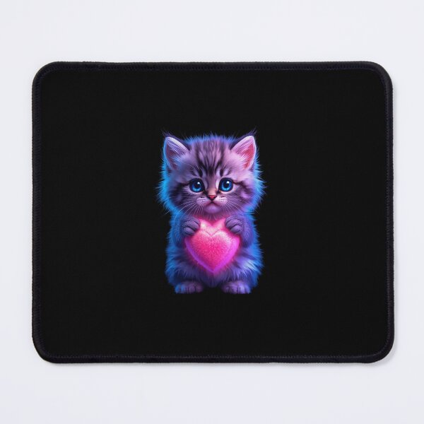 Item preview, Cute Neon Kitten with Heart – Photorealistic Glowing Fluffy Cat Digital Art on Black Background designed and sold by PixelVibe782.