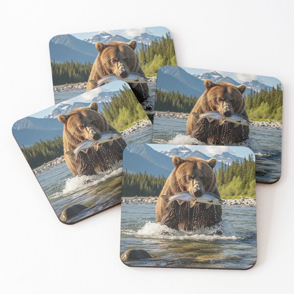 Item preview, Grizzly Bear Catching Salmon in a Mountain River designed and sold by ART-POD-PL.