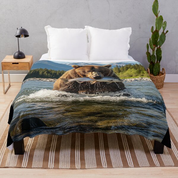 Item preview, Grizzly Bear Catching Salmon in a Mountain River designed and sold by ART-POD-PL.