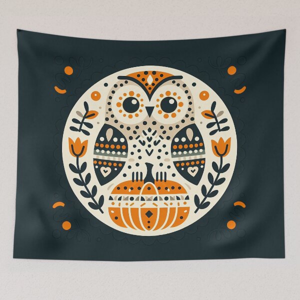 Item preview, Halloween Owl with Leaf Wings - heidiannemorris Scandinavian Folk Art designed and sold by FOLK ART FUSION by heidiannemorris.