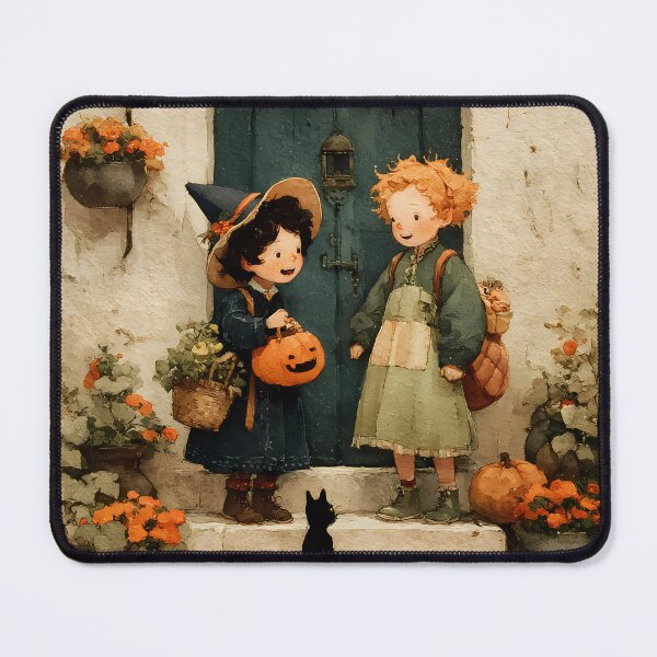 Item preview, Whimsical Halloween Children with Pumpkins and a Black Cat on the Porch designed and sold by daila70.