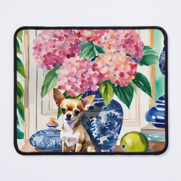 Item preview, Chihuahua in preppy chinoiserie interior watercolor painting designed and sold by SophieClimaArt.
