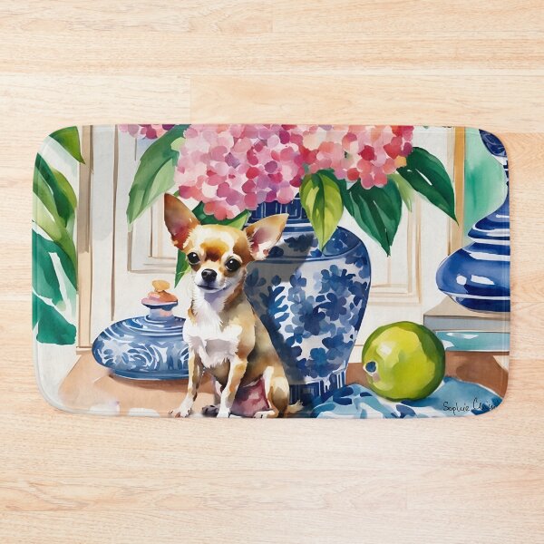 Item preview, Chihuahua in preppy chinoiserie interior watercolor painting designed and sold by SophieClimaArt.