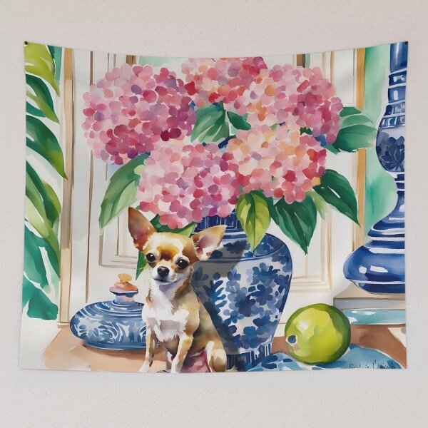 Item preview, Chihuahua in preppy chinoiserie interior watercolor painting designed and sold by SophieClimaArt.