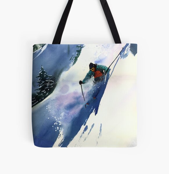 Winter canvas messenger bag Sketchy Graphic of a Downhill with Ski Elements in Snow Relax Calm View canvas beach bag Blue White 12x15-10