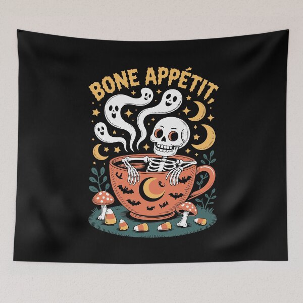 Item preview, A Cuppa Skeleton Tea: A whimsical Halloween scene where a skeleton luxuriates in a massive teacup designed and sold by Grang Art Artistic Designs.