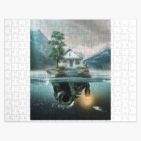 A floating island the university of cambridge with a house atop Jigsaw Puzzle