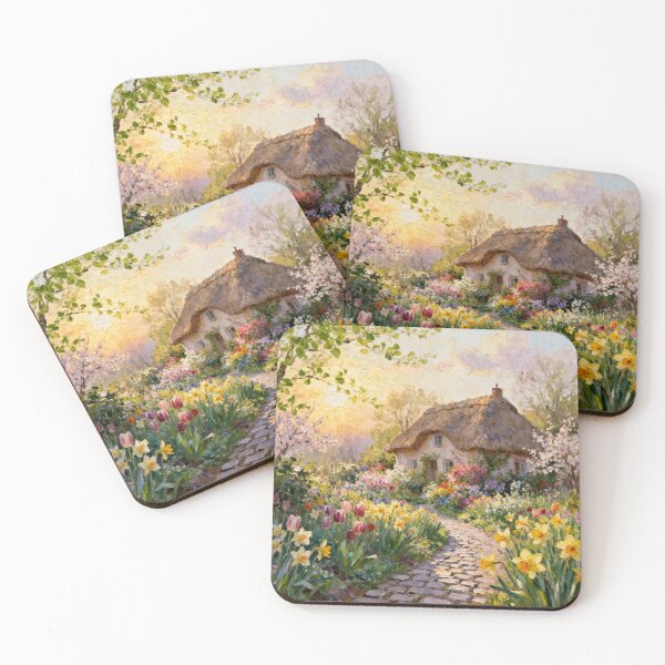 Item preview, White English Thatched Cottage Garden in Springtime designed and sold by MeadowFarmPrint.