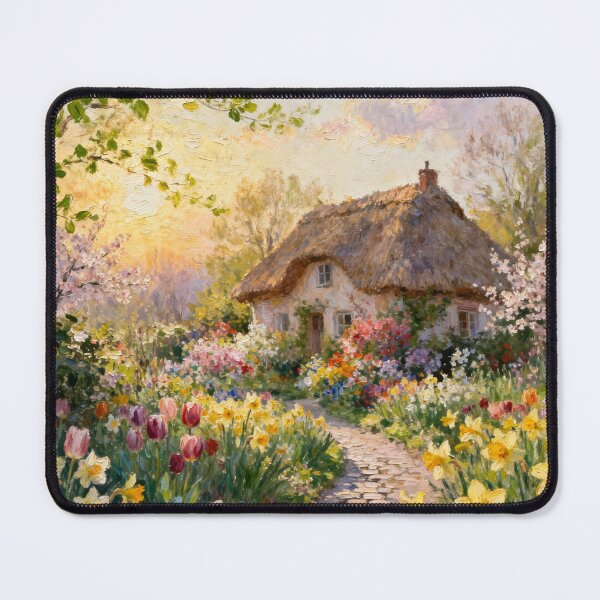 Item preview, White English Thatched Cottage Garden in Springtime designed and sold by MeadowFarmPrint.