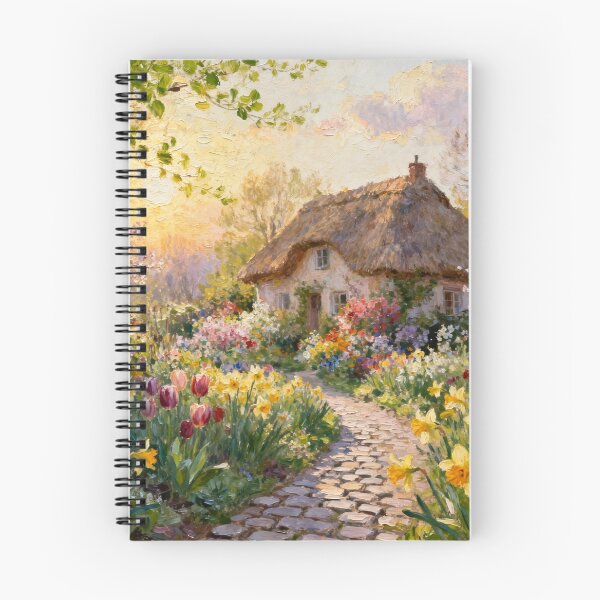 Item preview, White English Thatched Cottage Garden in Springtime designed and sold by MeadowFarmPrint.